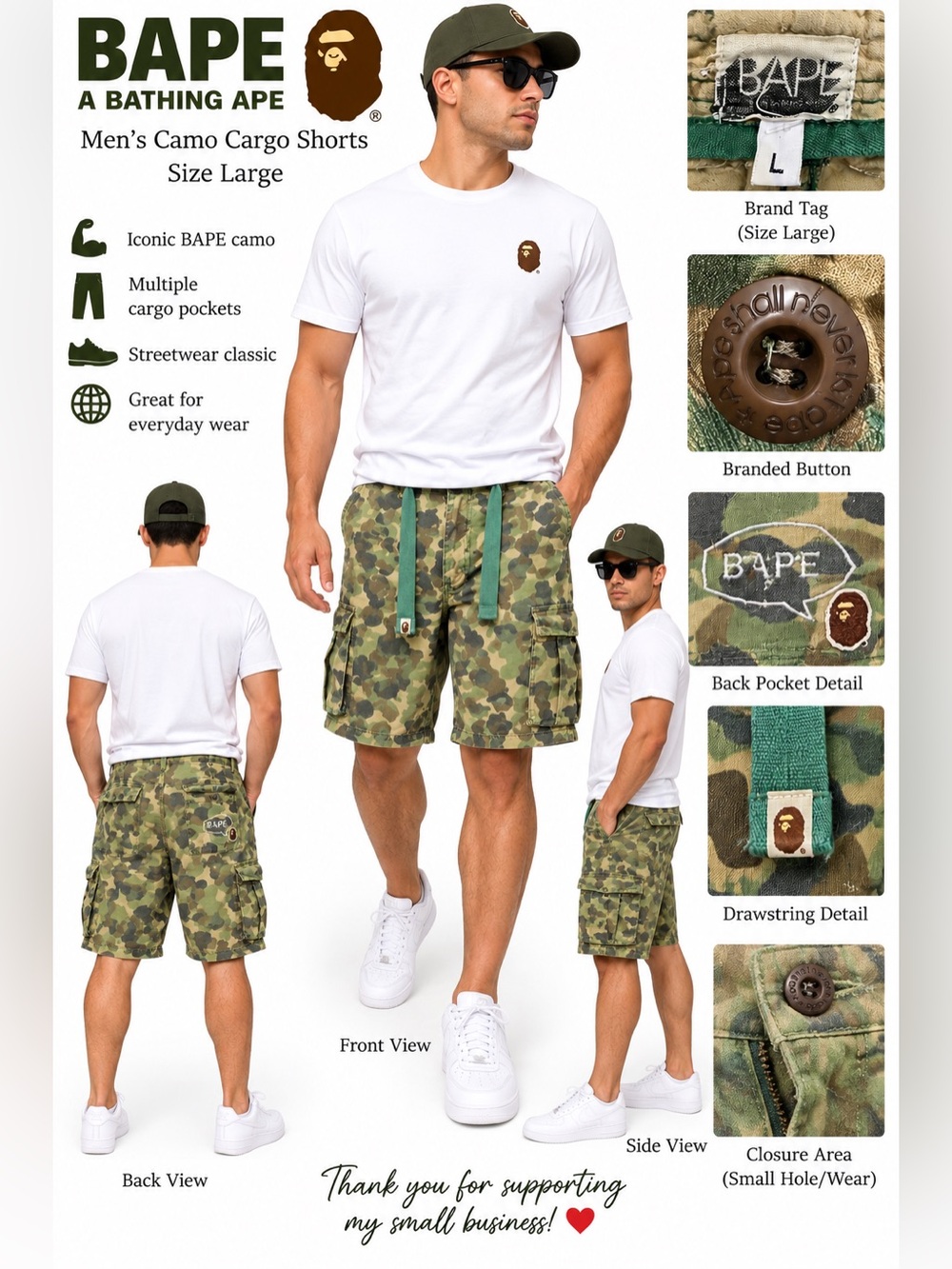 BAPE A Bathing Ape Men’s L Green Camo Cargo Shorts Ape Head Military Streetwear